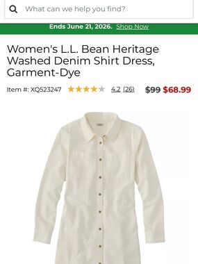 L.L. Bean | Women’s Heritage Washed Denim Shirt Dress | corduroy texture | NWOT